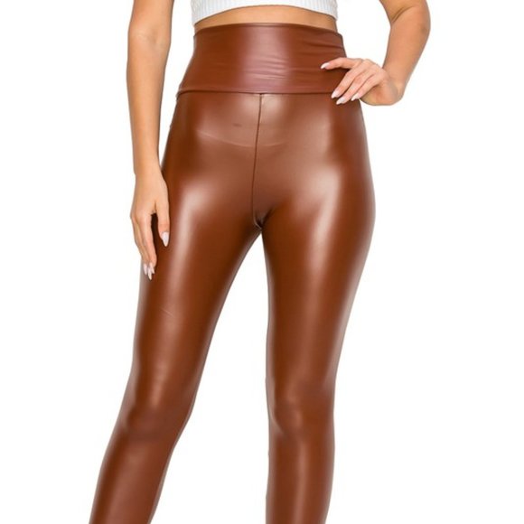 CEMI CERI High Waist Faux Leather Fleece Leggings Chocolate Burgundy Black - Picture 9 of 13